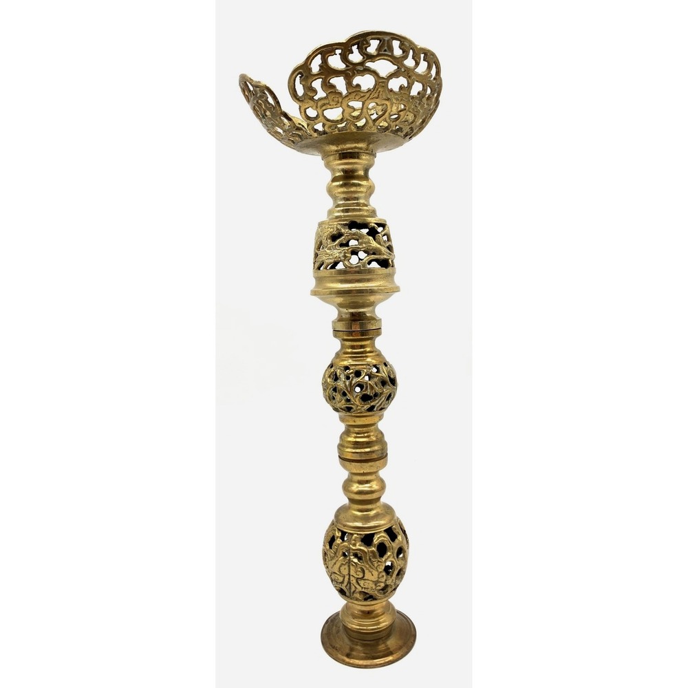 14" Vintage Brass Candlestick Holder Pierced Filigree Openwork Scalloped Top